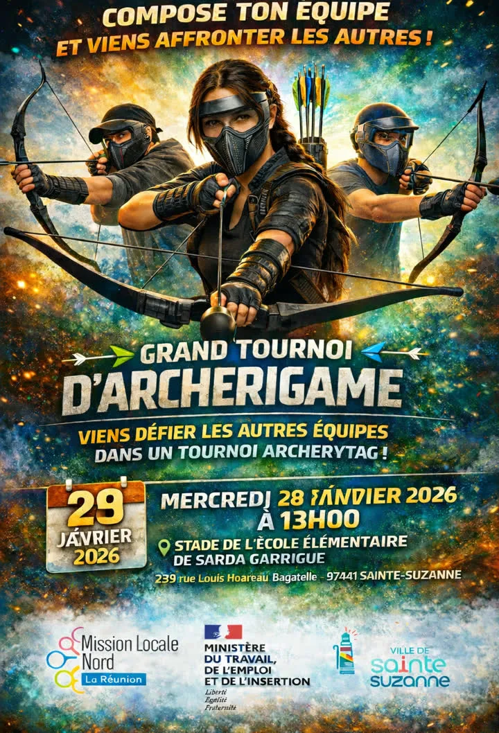 Affiche du grand tournoi d'archery tag en équipes à La Réunion, animé par Pull Up Événements