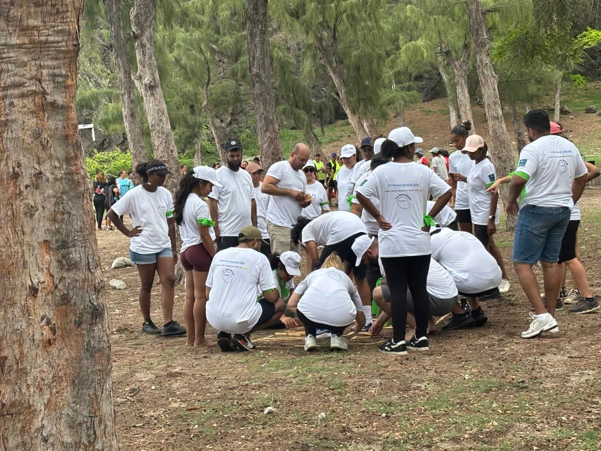 Équipes en t-shirts blancs lors d'épreuves nature de team building à La Réunion